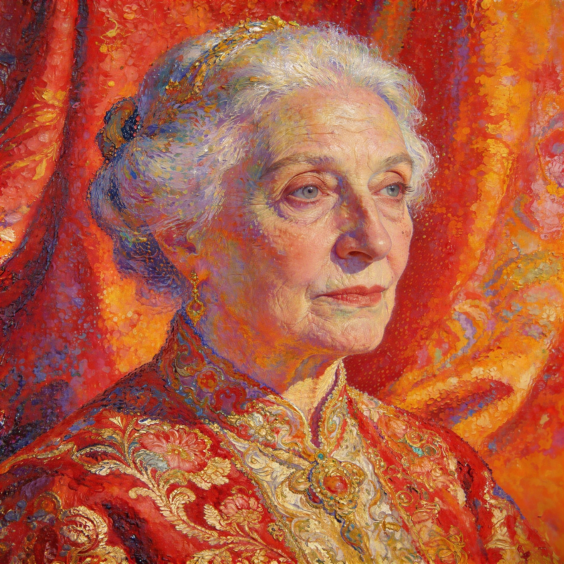 Detailed Oil Portrait of Elderly Woman with Updo