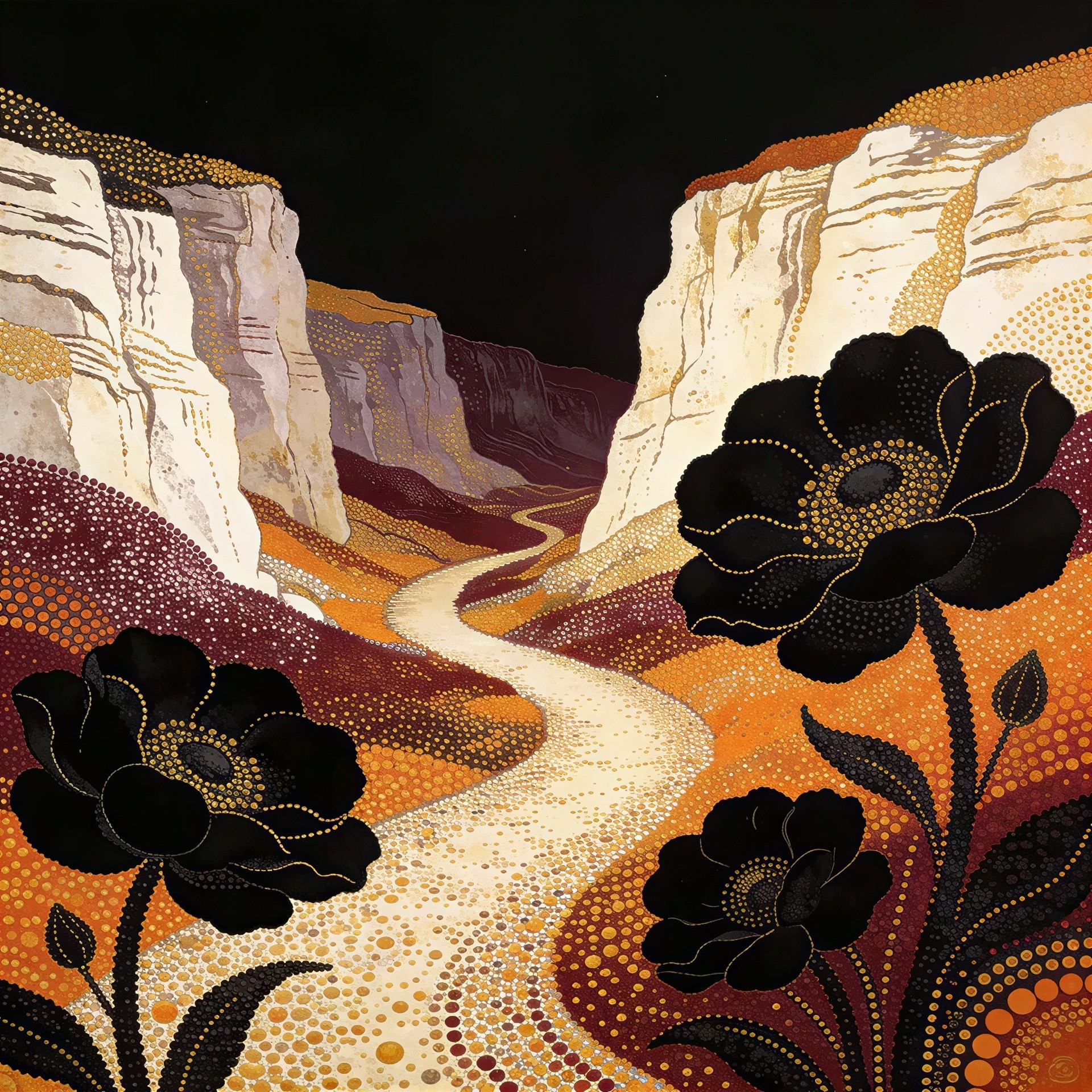 Art Deco Canyon Landscape in Dot Painting Technique