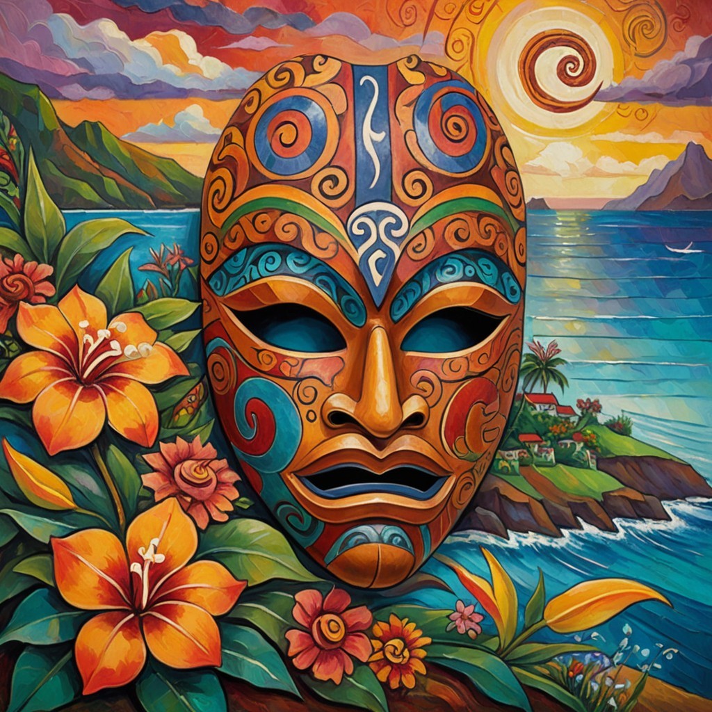 Vibrant Mask Surrounded by Tropical Landscape and Flowers