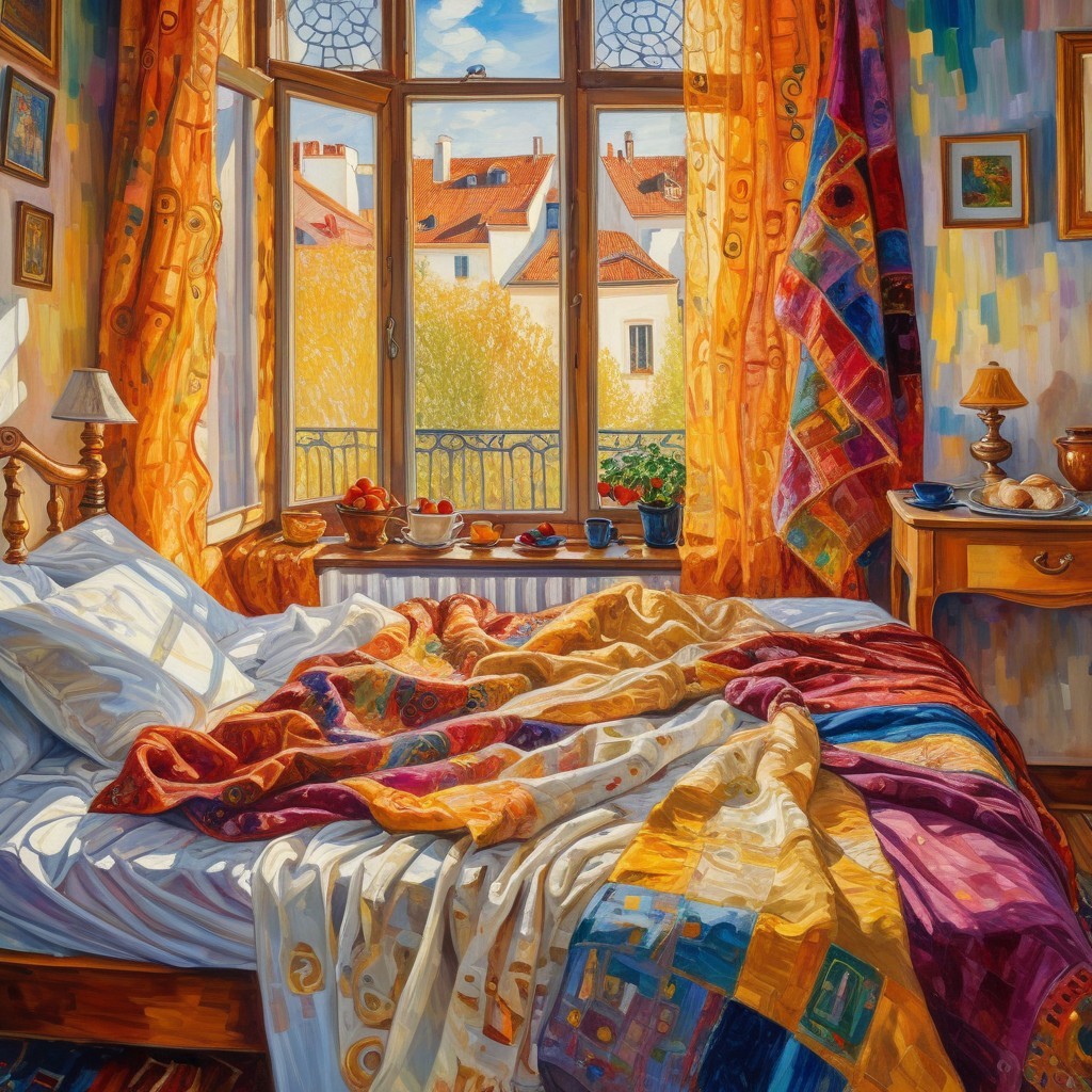 Cozy Bedroom with Warm Sunlight and Autumn View