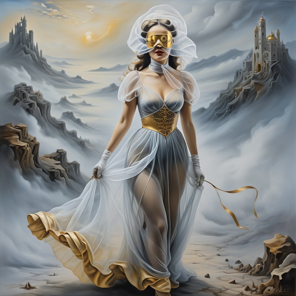 Mystical Figure in Sheer Gown in Ethereal Landscape