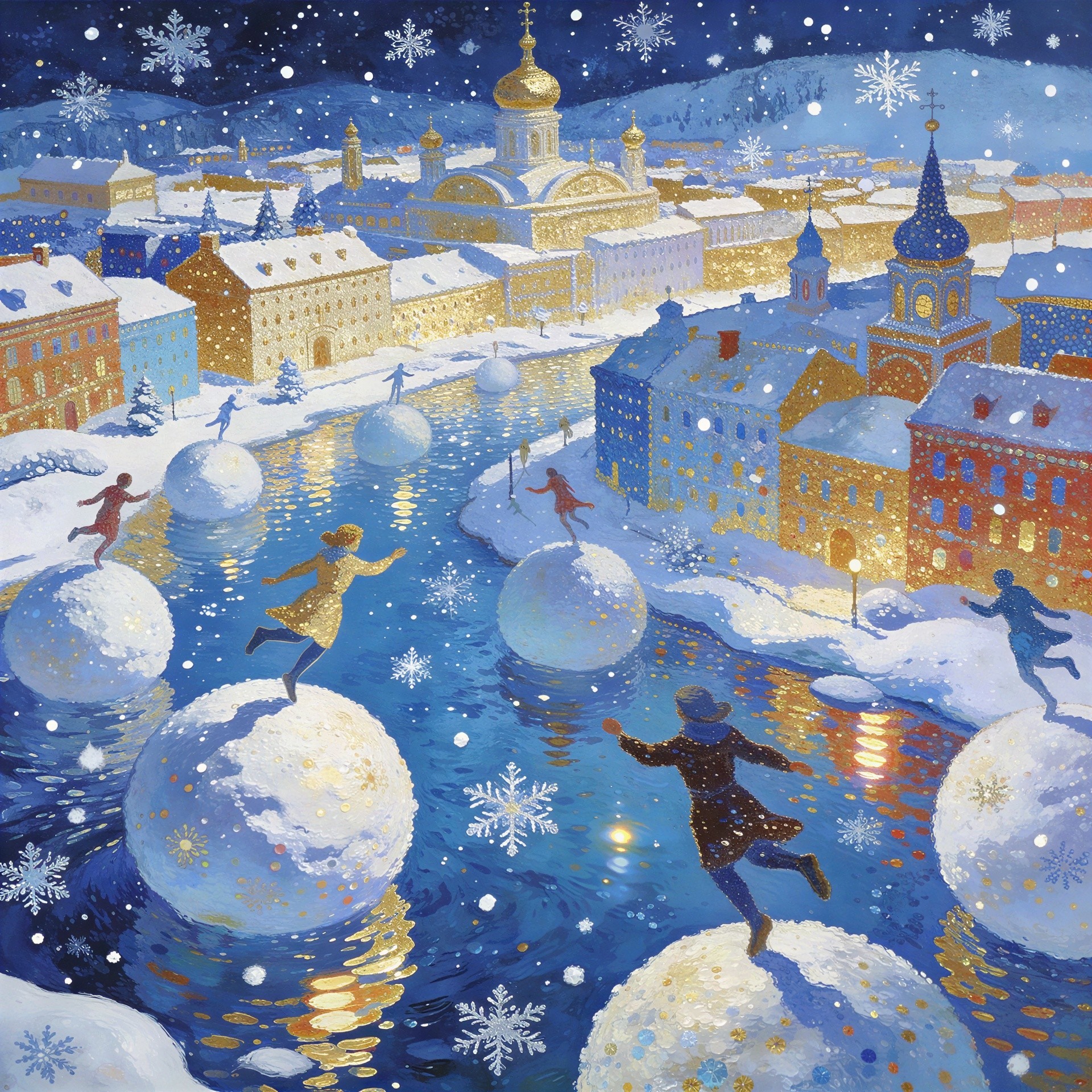 Snowy Historic City at Night with Golden Domes