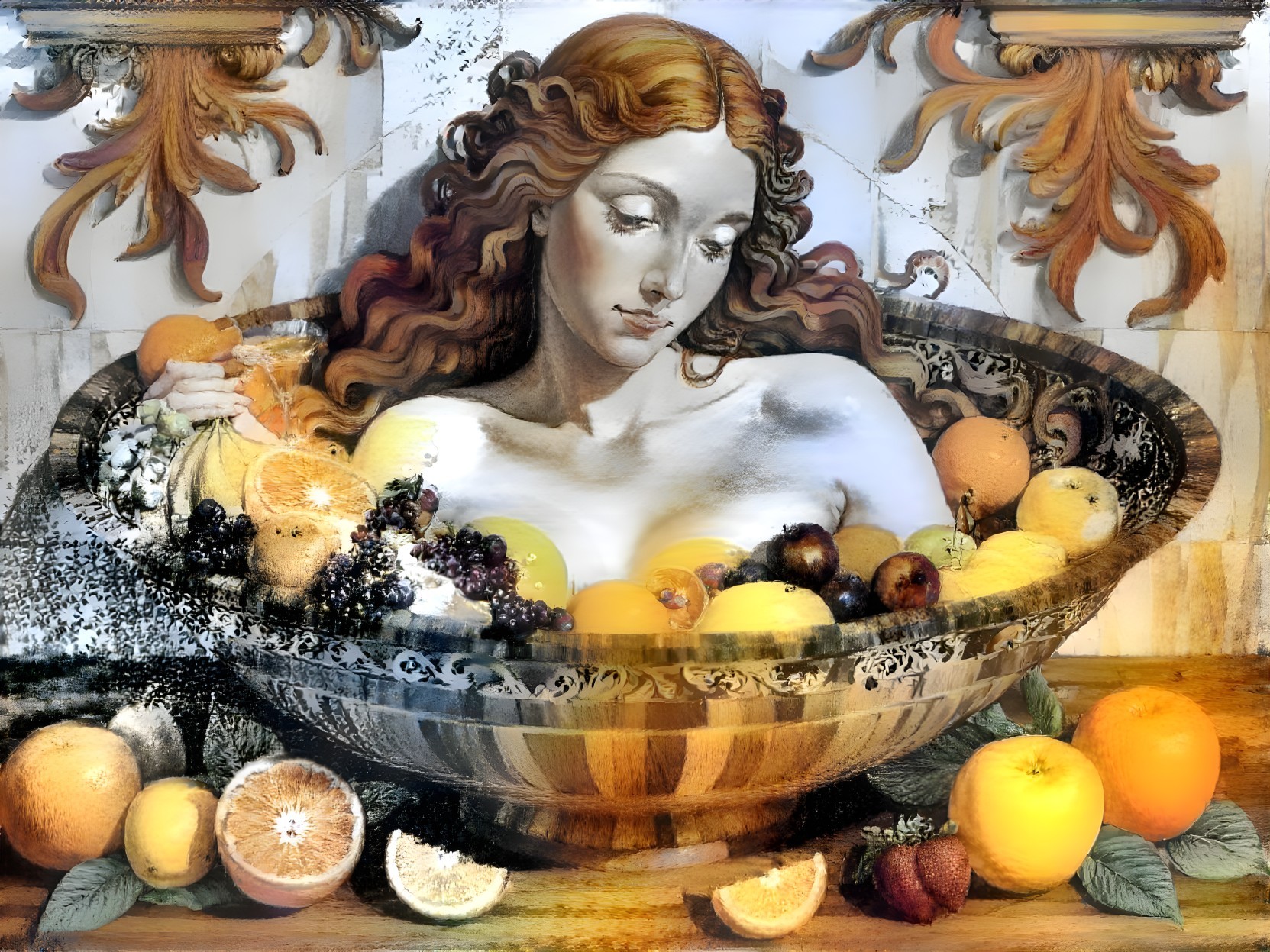Classical Woman with Red Hair Surrounded by Fruits