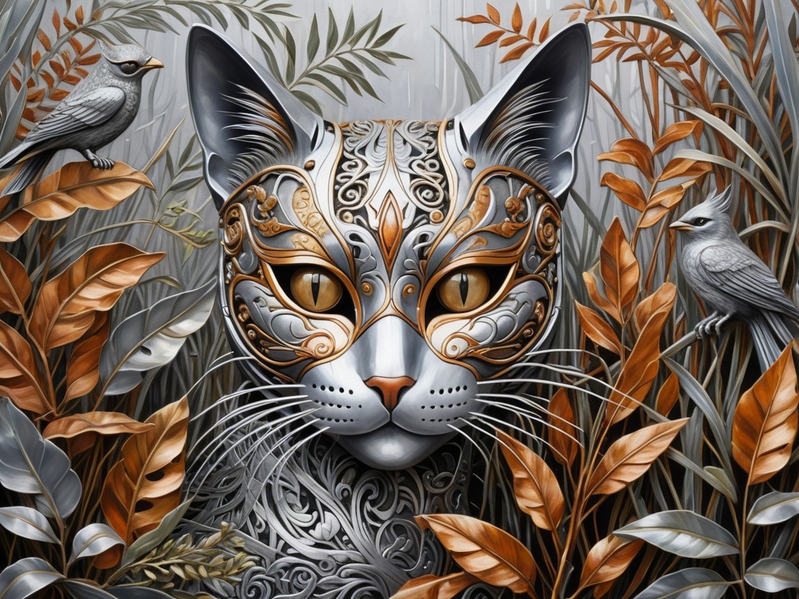 Stylized feline figure with metallic patterns and mask