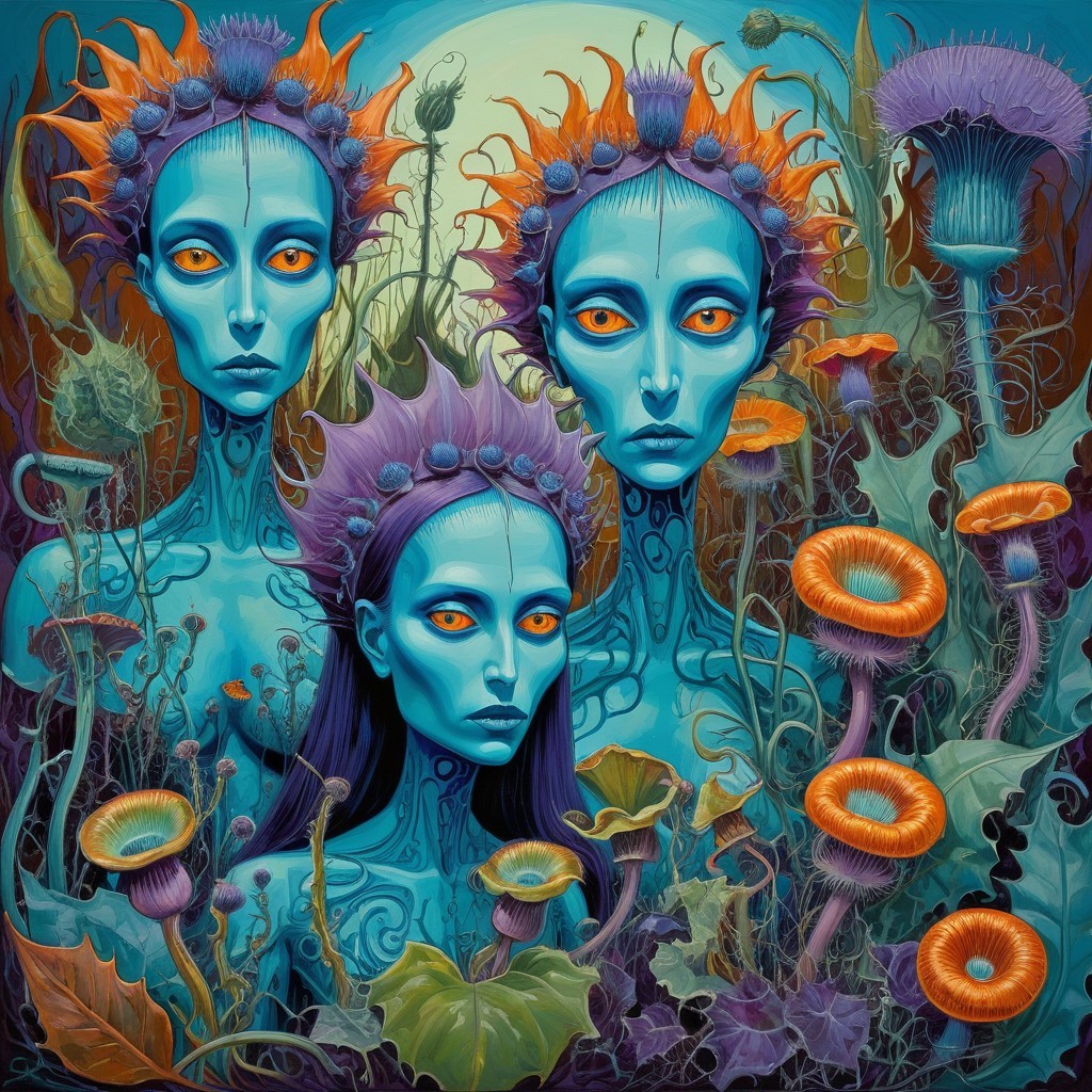 Ethereal Figures with Blue Skin in Surreal Flora