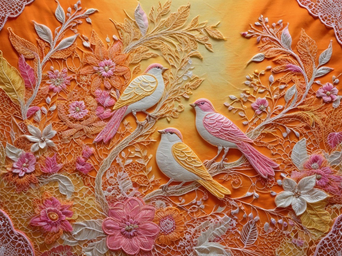 Vibrant Textile Art with Embroidered Birds and Flowers