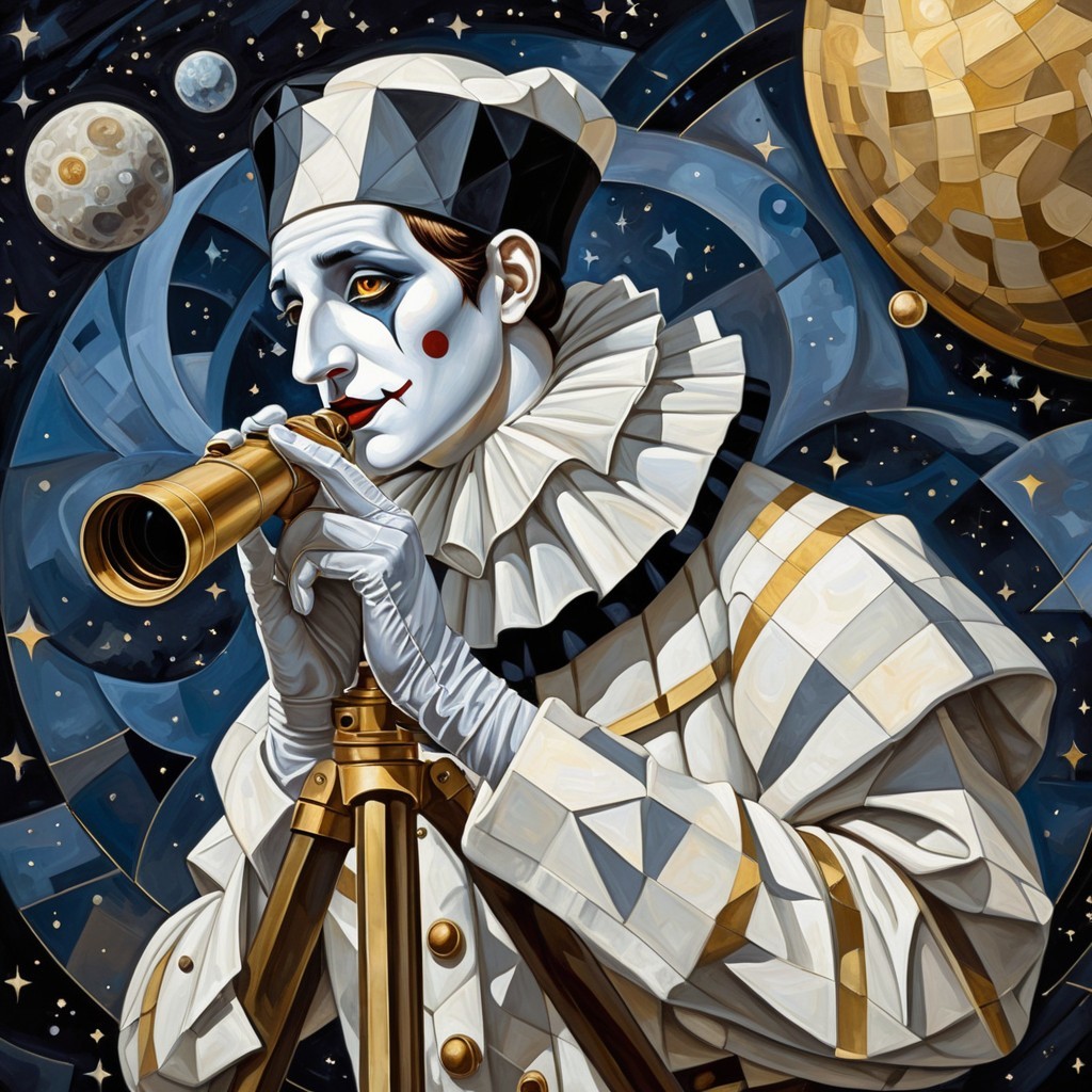 Whimsical Clown Gazing Through Vintage Telescope in Space