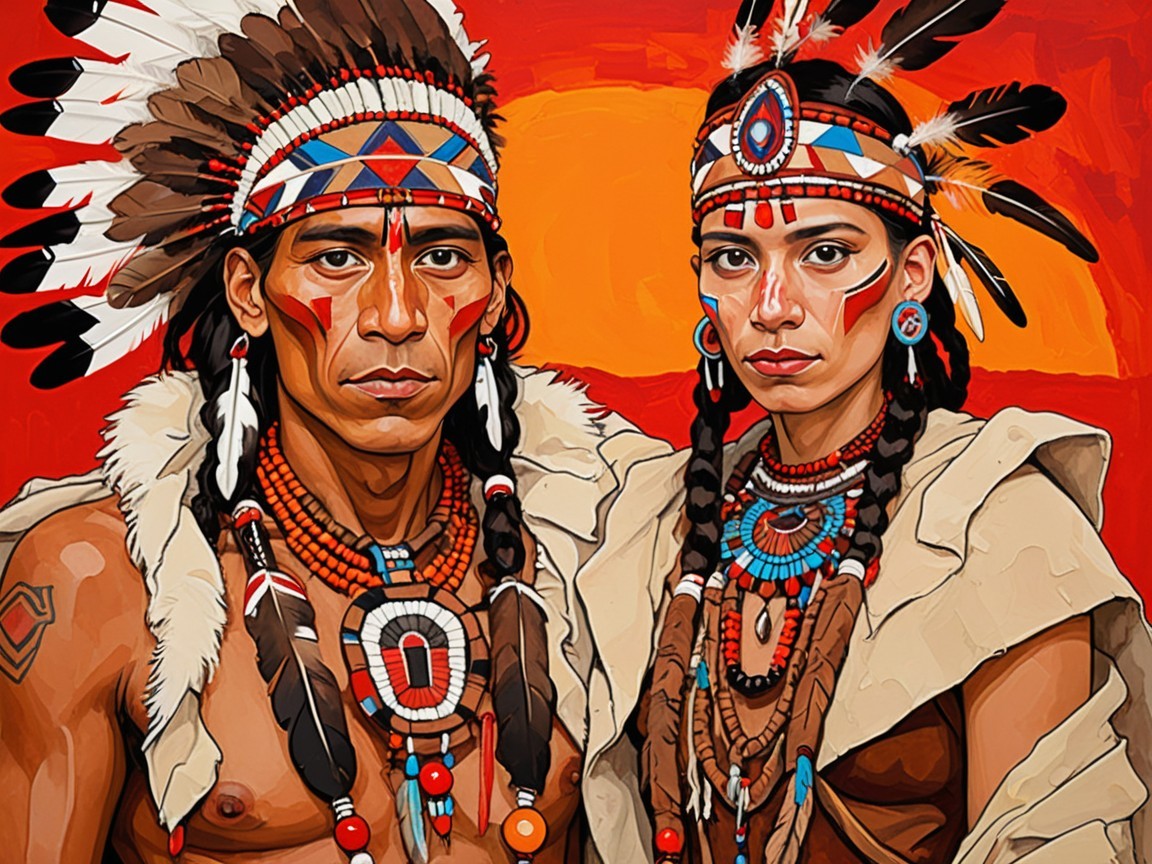 Indigenous Couple in Traditional Attire at Sunset