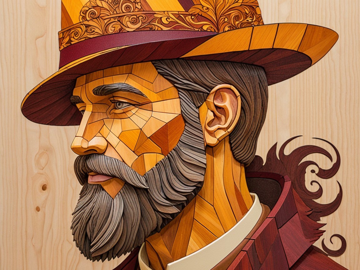 Stylized Wooden Sculpture of a Bearded Man with Hat