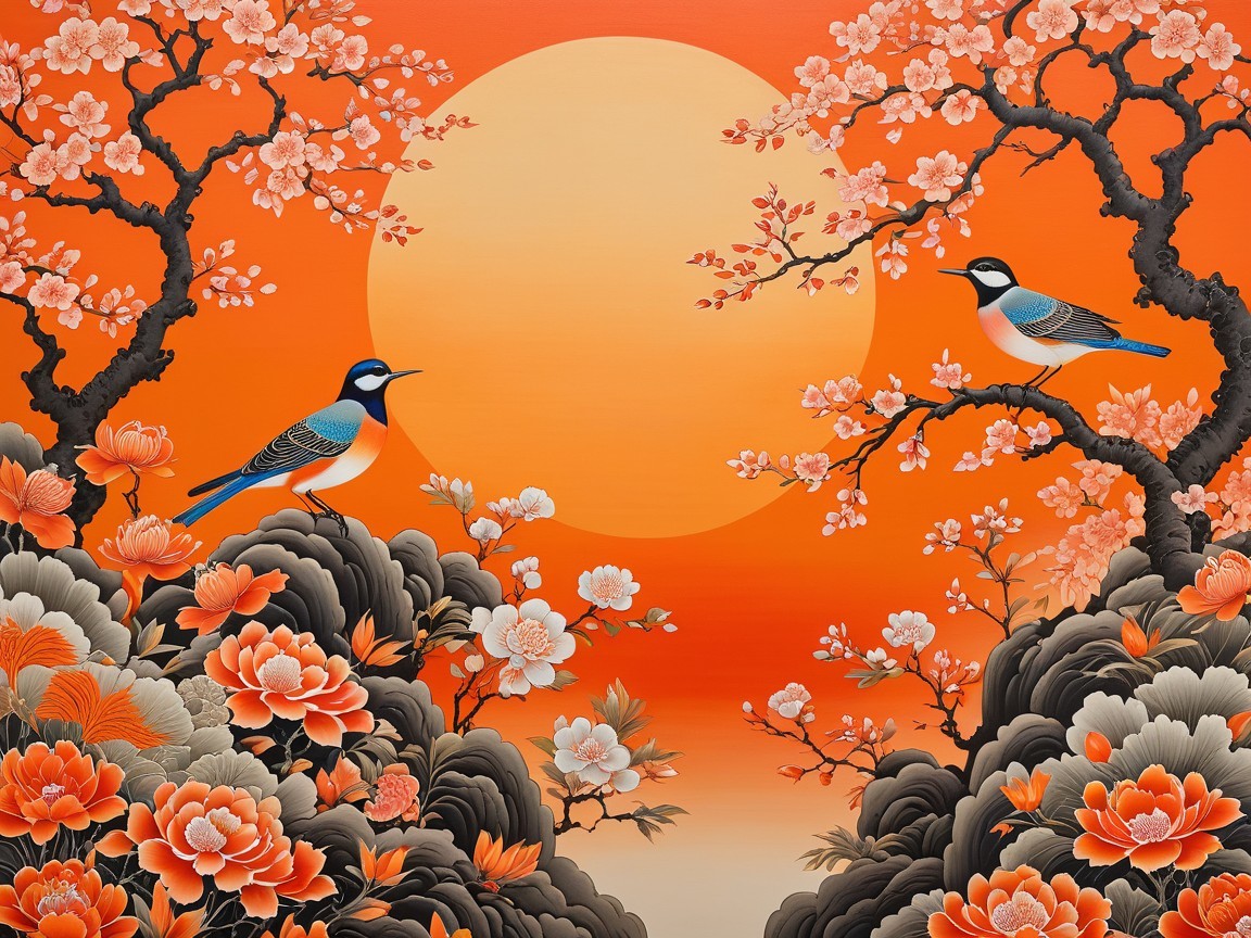 Serene Sunset Landscape with Vibrant Colors and Flowers