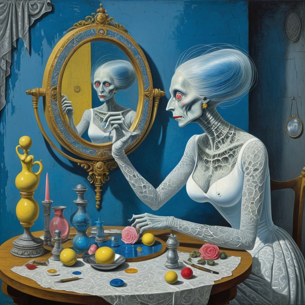 Skeletal Figure in White Dress at Colorful Table