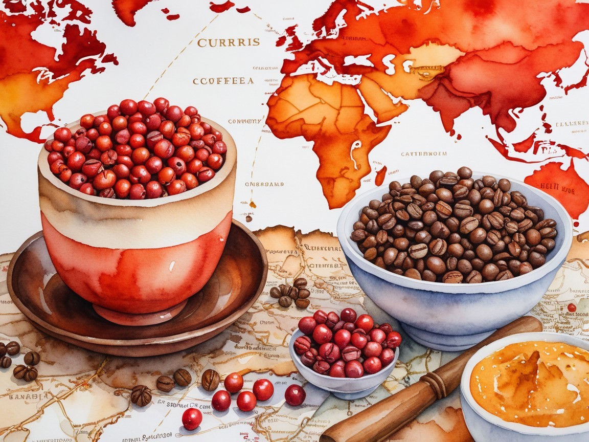 Watercolor Art of Coffee Beans and Berries on Map