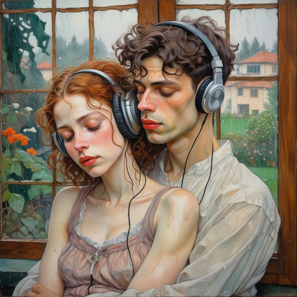 Couple Embracing in Soft Light with Raindrops Outside