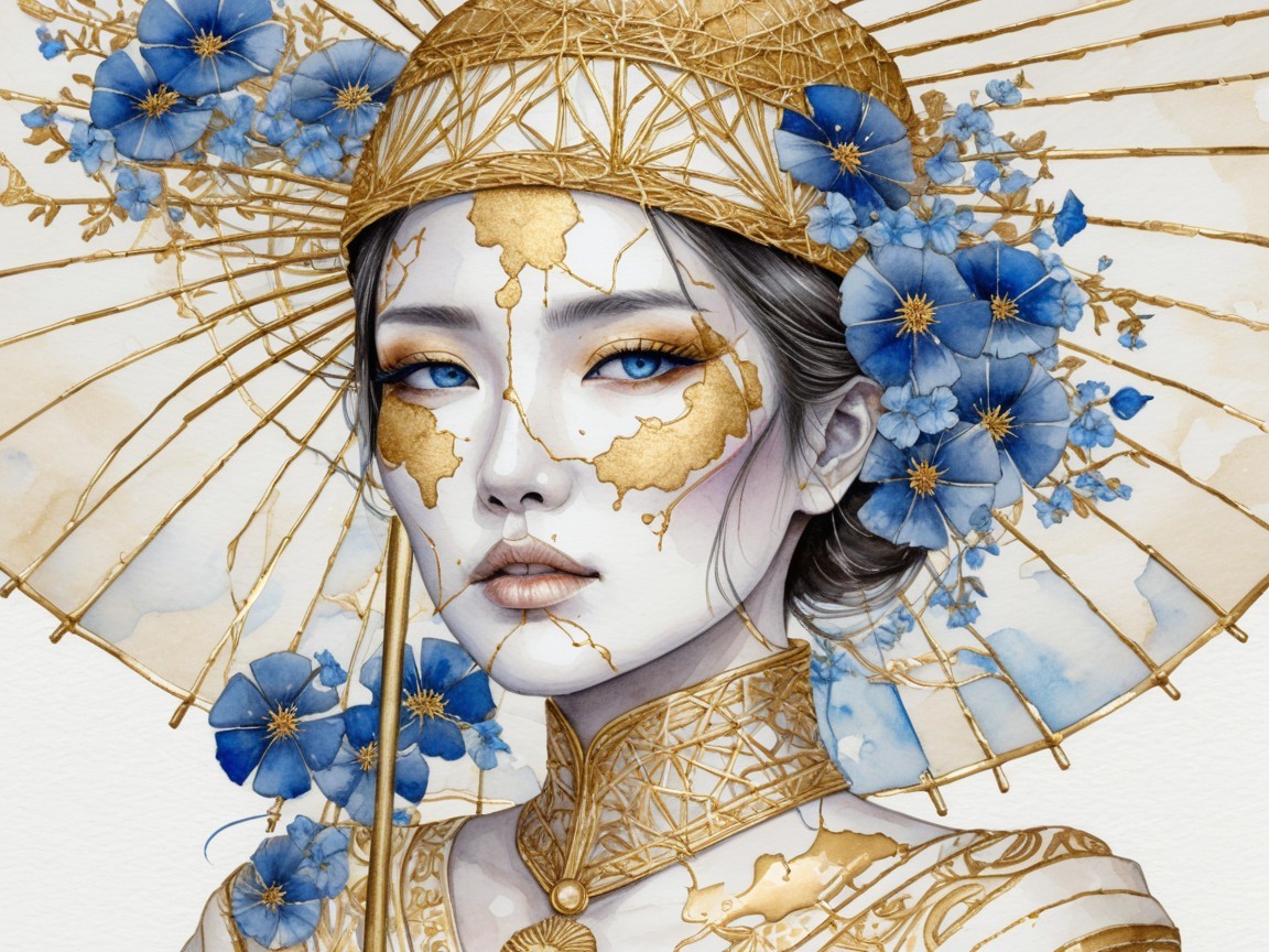 Portrait of a woman with golden headdress and flowers