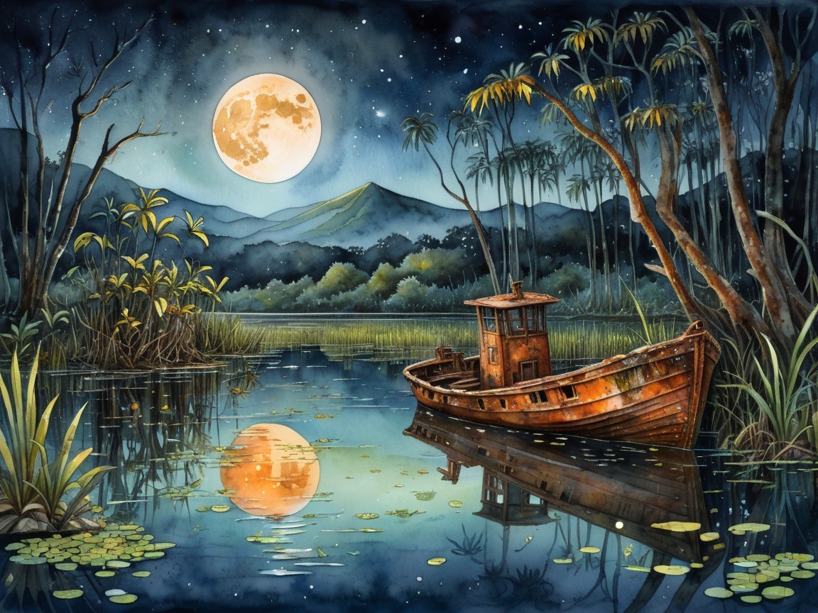 Calm Lake Night Scene with Abandoned Boat and Moonlight