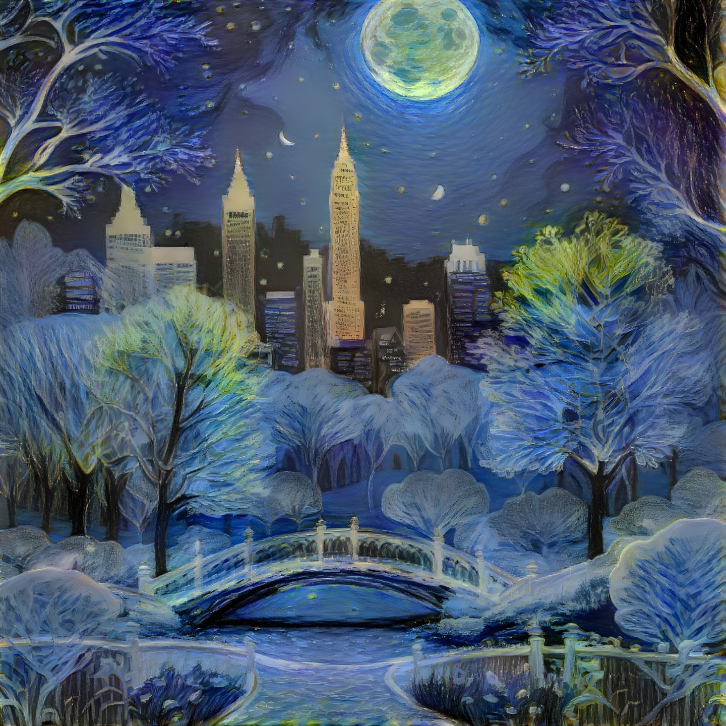 Serene Winter Night Scene in a Snowy Park