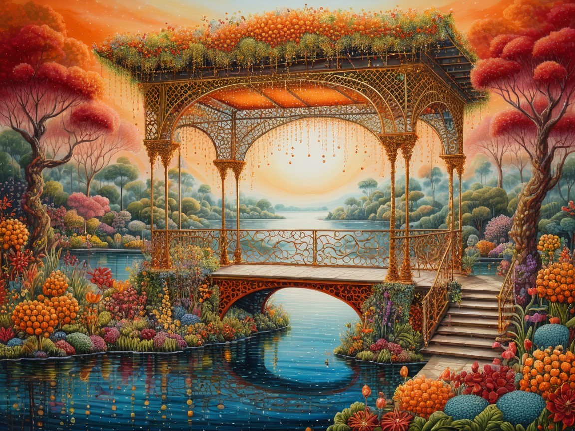 Ornate Gazebo Surrounded by Flowers and Water