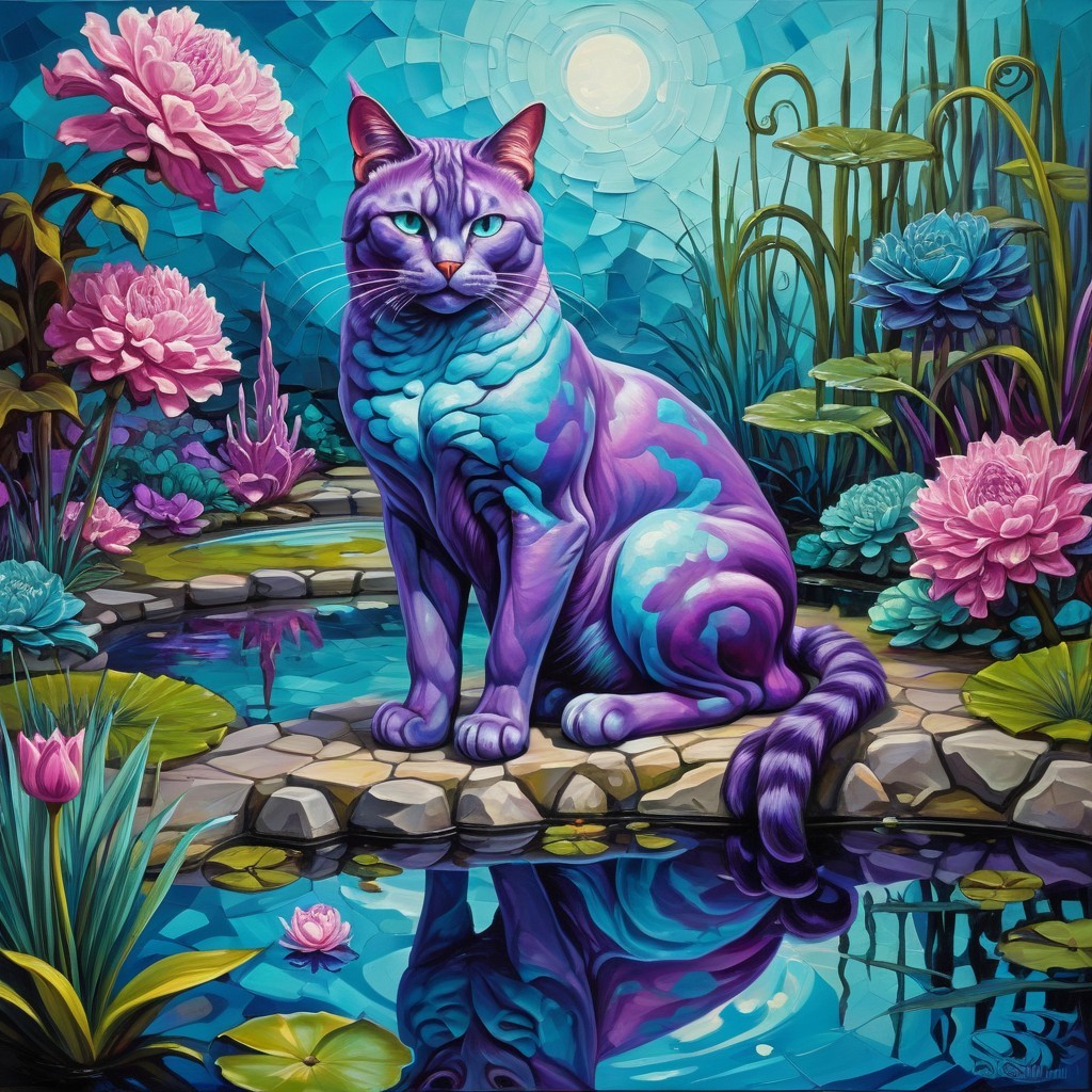 Majestic Cat by Serene Pond with Vibrant Flowers