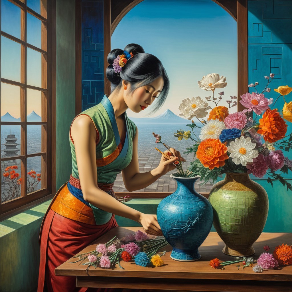 Woman in Traditional Outfit Arranging Vibrant Flowers