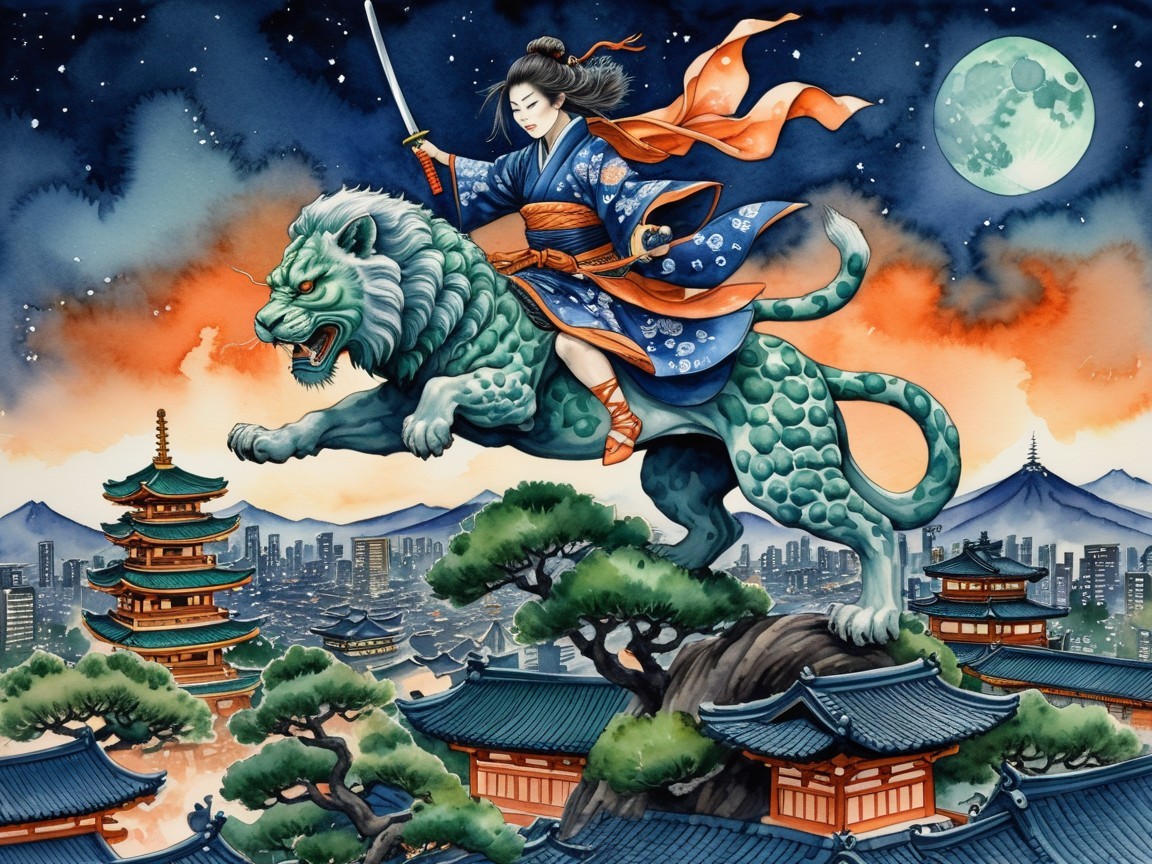 Warrior on Lion Creature in Moonlit Cityscape