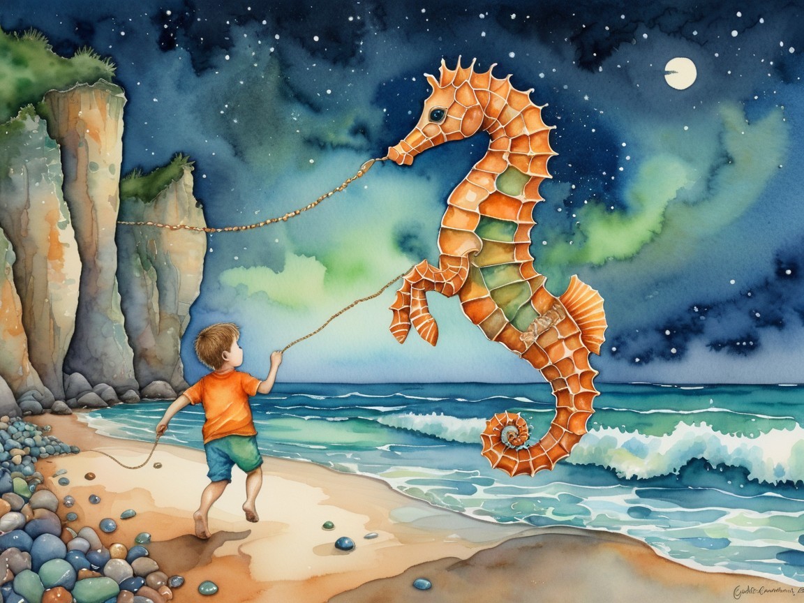 Whimsical Watercolor of Boy with Seahorse at Beach