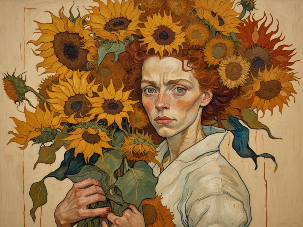 Woman with Red Curls and Sunflower Bouquet
