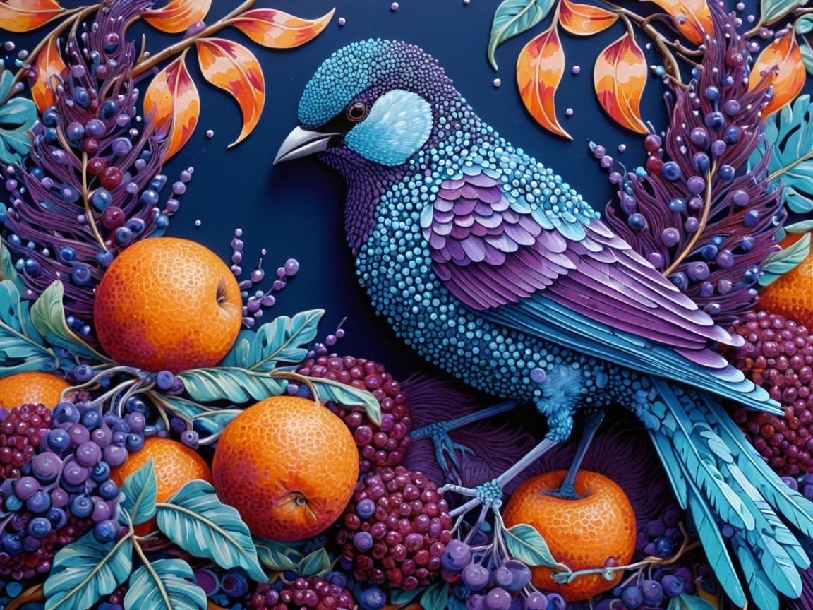 Vibrant Bird with Blue and Purple Feathers Among Fruits