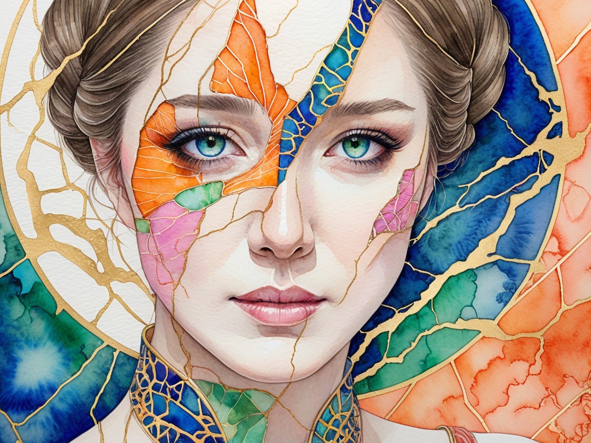 Portrait of a Young Woman with Colorful Fractured Design