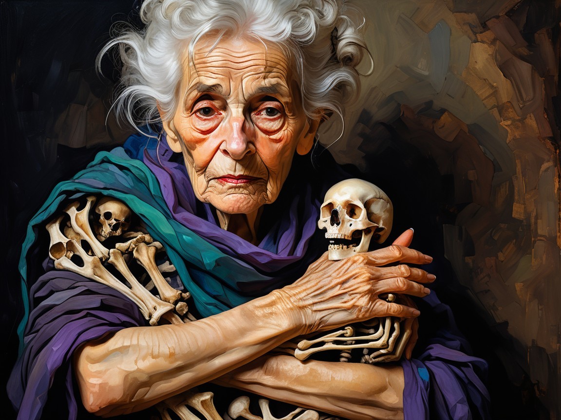 Elderly Woman in Blue and Purple Garment with Skeletons