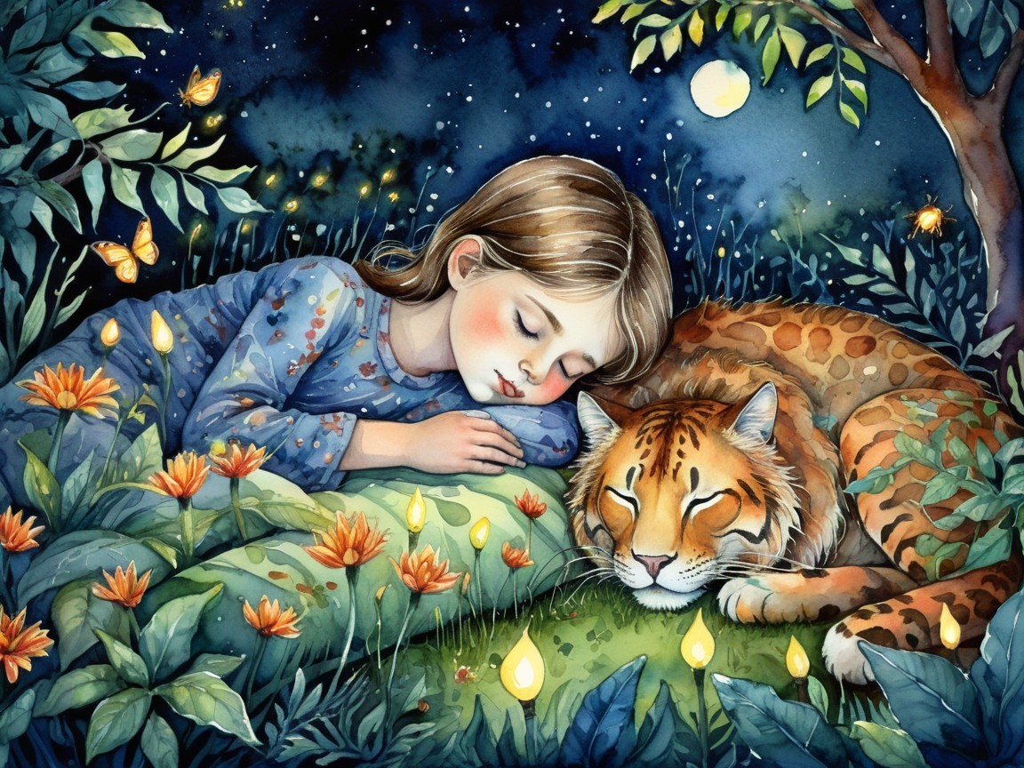 Serene Night Scene with Girl, Tiger, and Lanterns