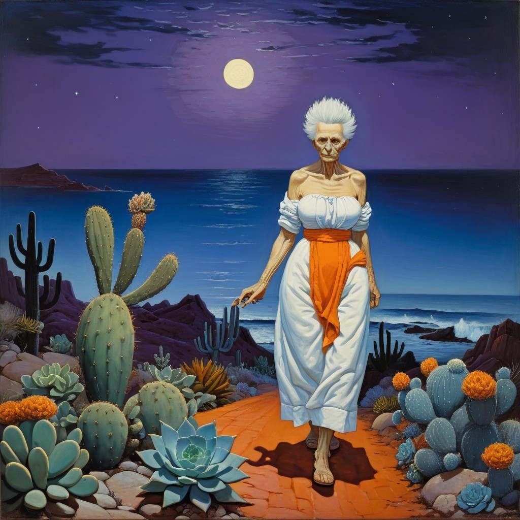 Elderly Woman Walking in Colorful Desert Landscape