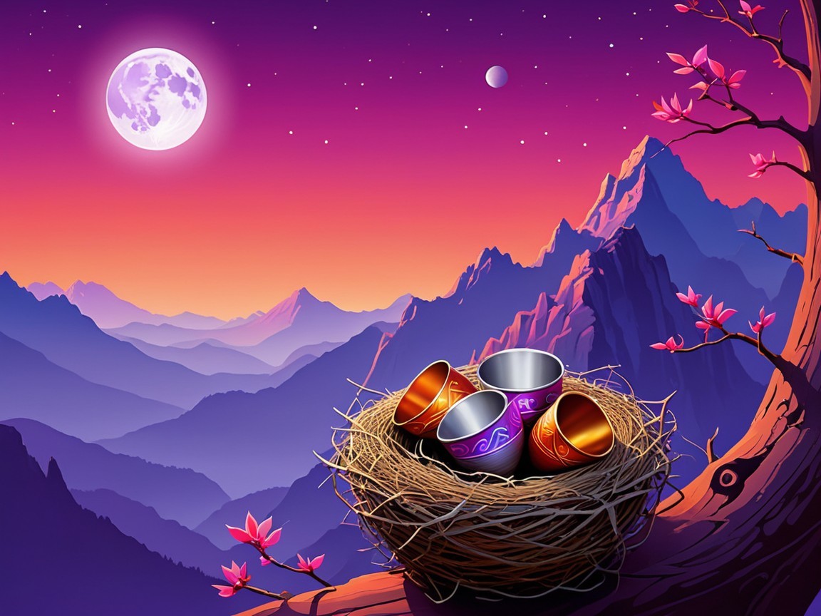 Tranquil Sunset with Moon and Cherry Blossoms Scene