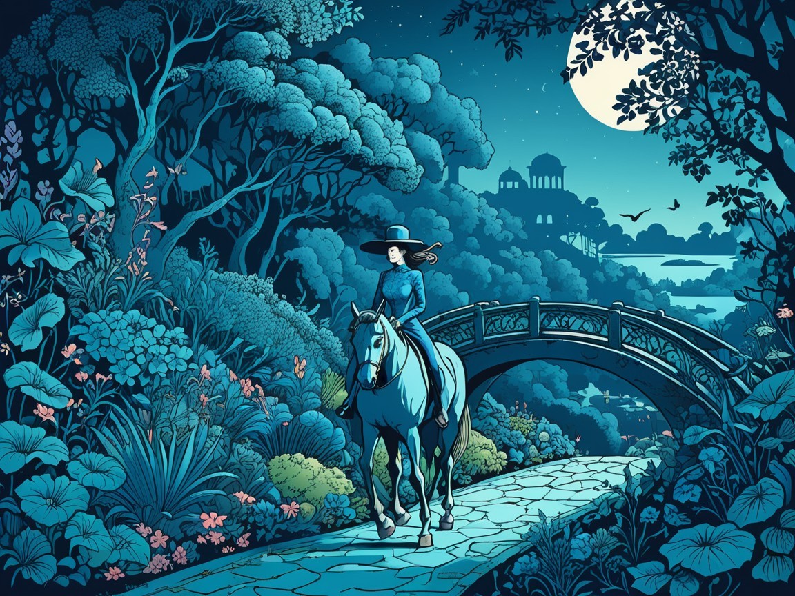 Moonlit Horse Ride Through Lush Foliage and Bridge