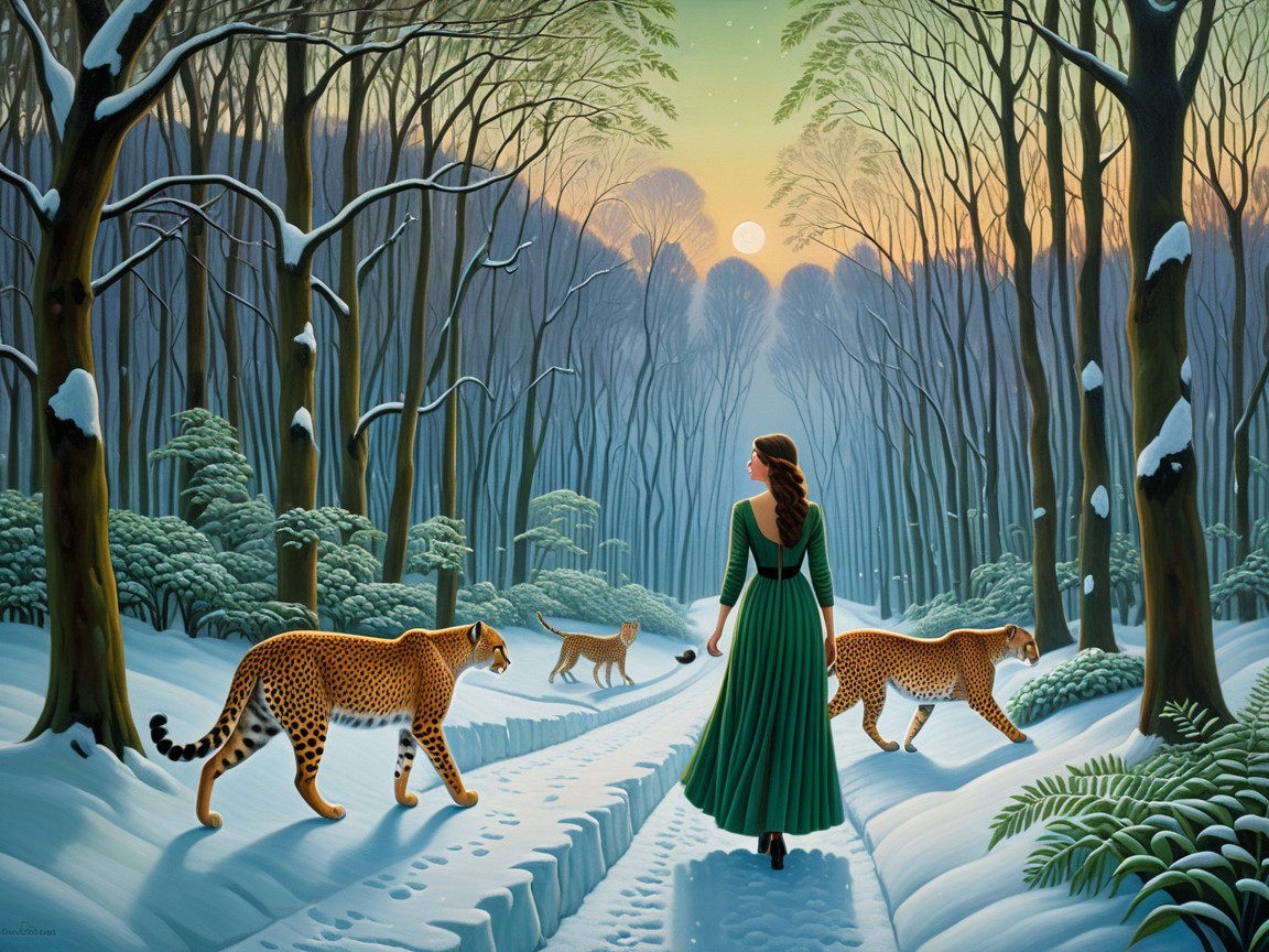 Woman in Green Dress with Cheetahs in Winter Forest