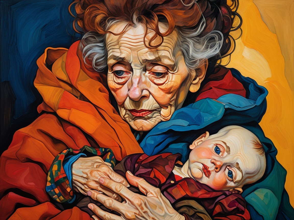 Elderly Woman with Doll in Colorful Shawl and Abstract Background