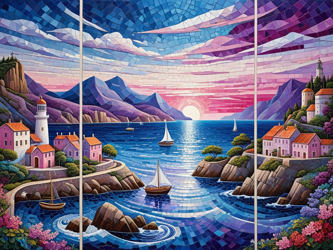Vibrant Mosaic Coastal Landscape at Sunset