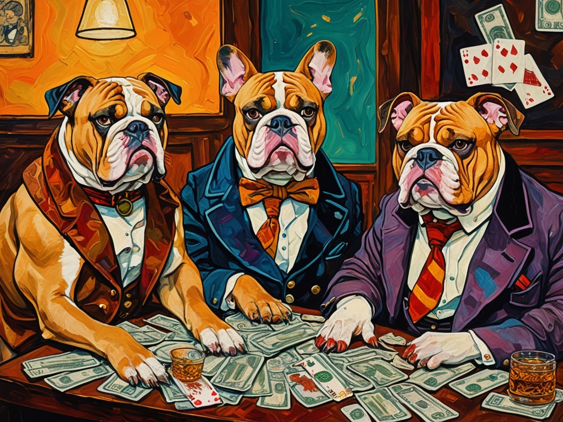 Bulldogs in Suits Playing Cards with Stacks of Money