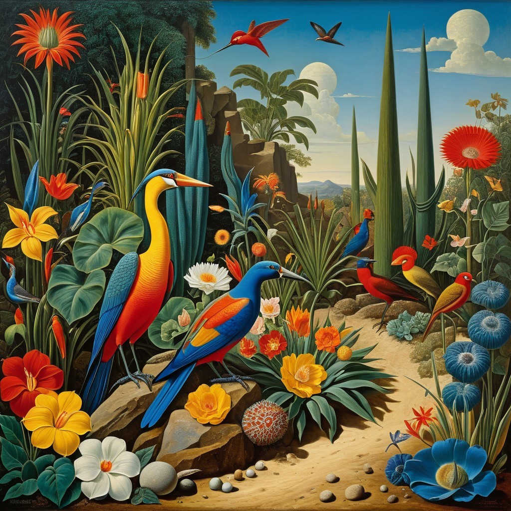 Vibrant Tropical Scene with Colorful Flora and Birds