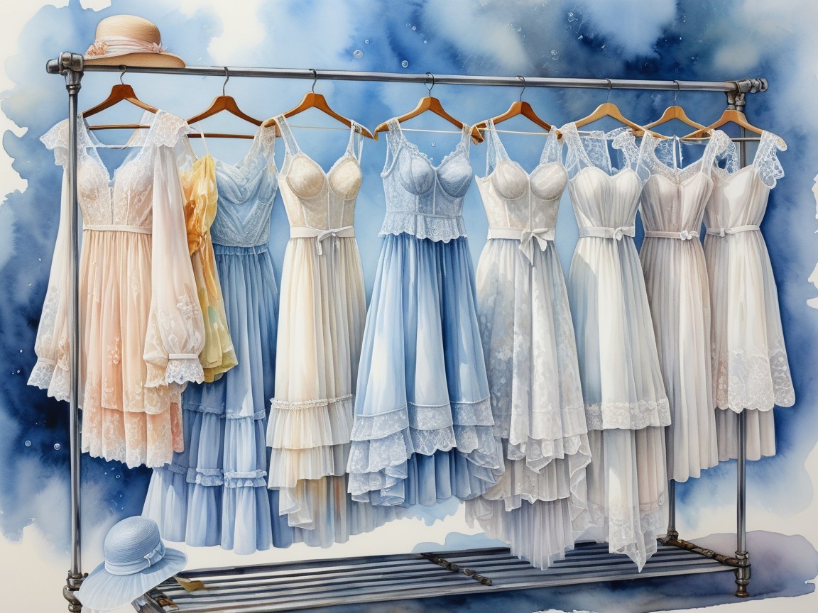 Elegant Dresses on Rack with Pastel Colors and Hat
