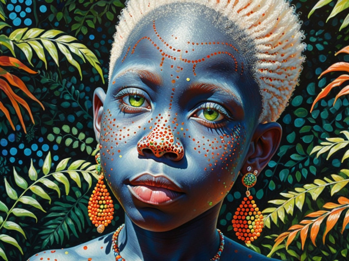Portrait of a Young Person with Green Eyes and Patterns