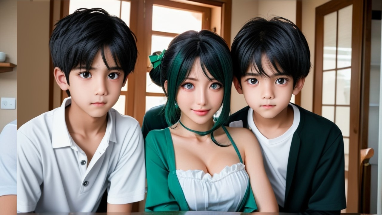 Woman with Teal Hair and Two Boys in Cozy Setting