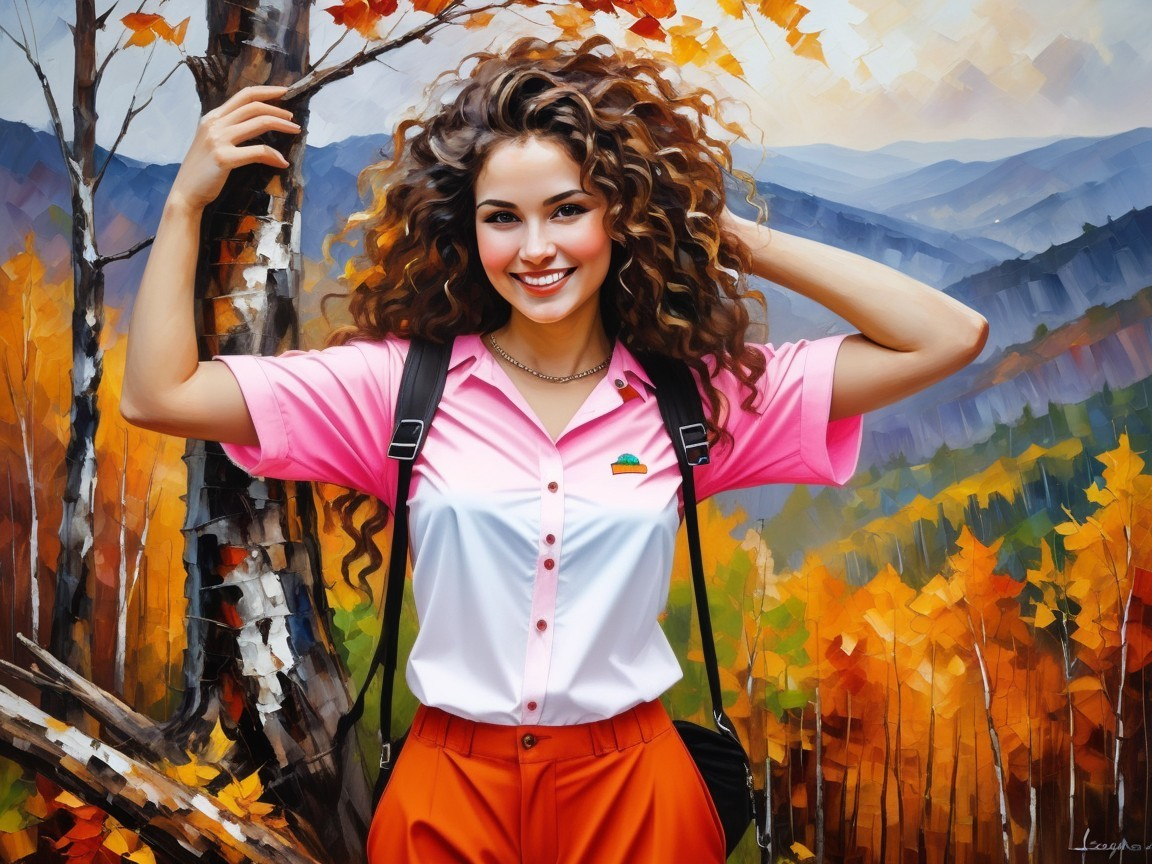 Cheerful Woman in Vibrant Autumn Landscape Setting