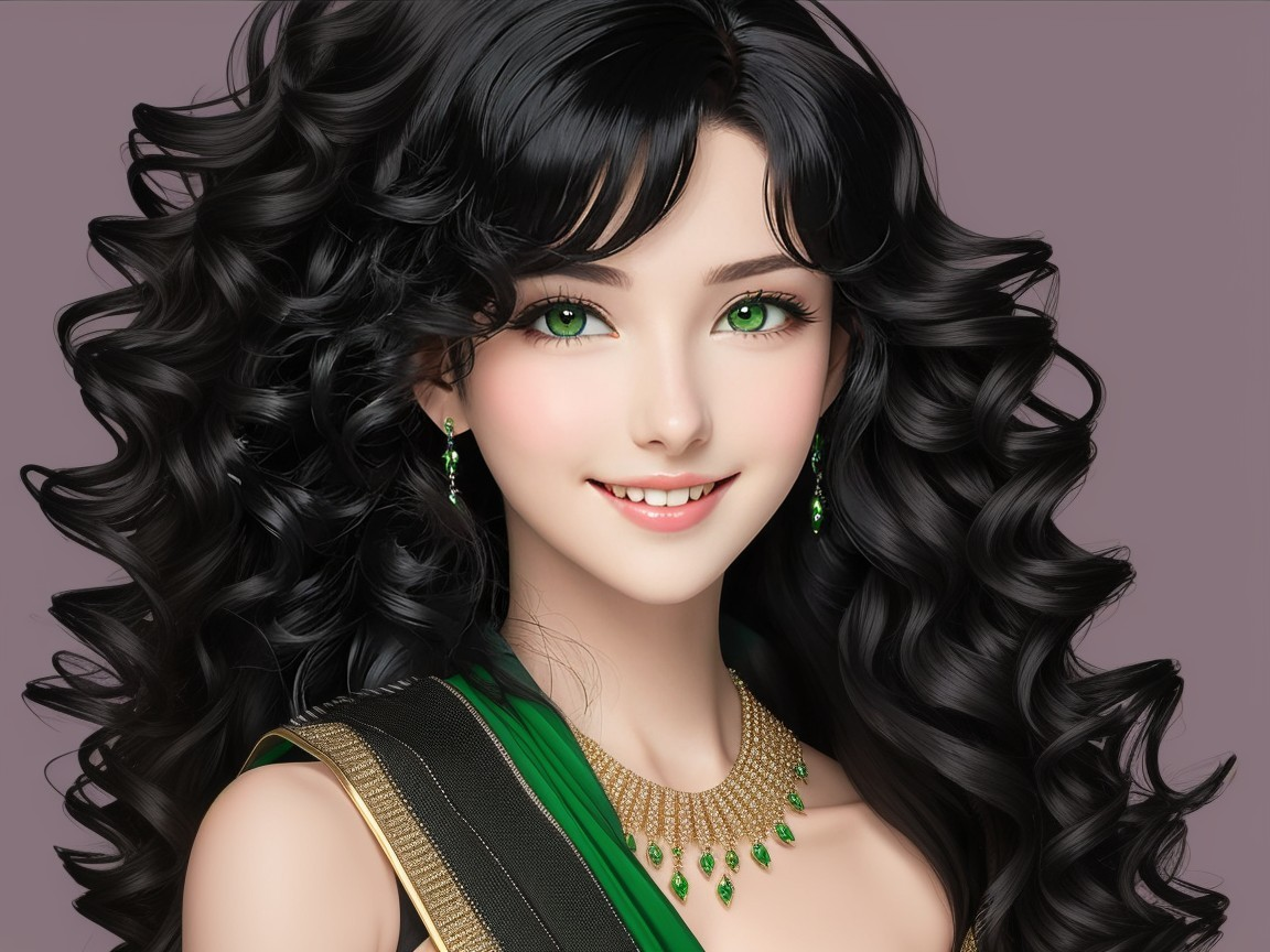 Young woman with black curls and green eyes in elegant attire