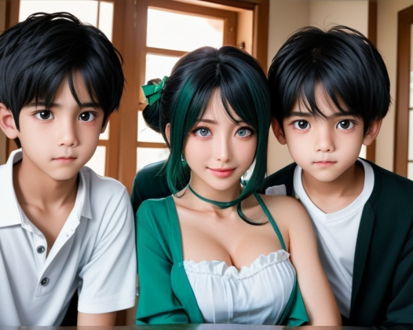 Woman with Teal Hair and Two Boys in Cozy Setting