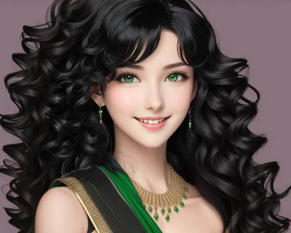 Young woman with black curls and green eyes in elegant attire