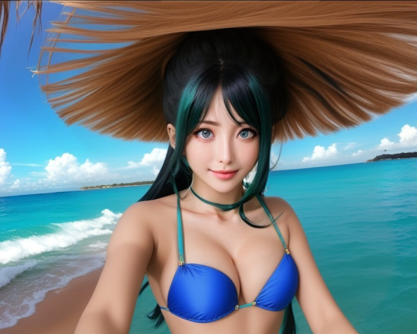 Young woman in blue bikini on sunny beach scene