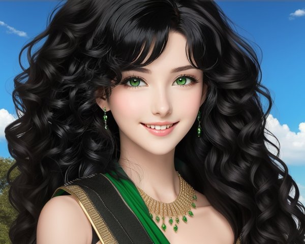 Young woman in traditional attire with green eyes