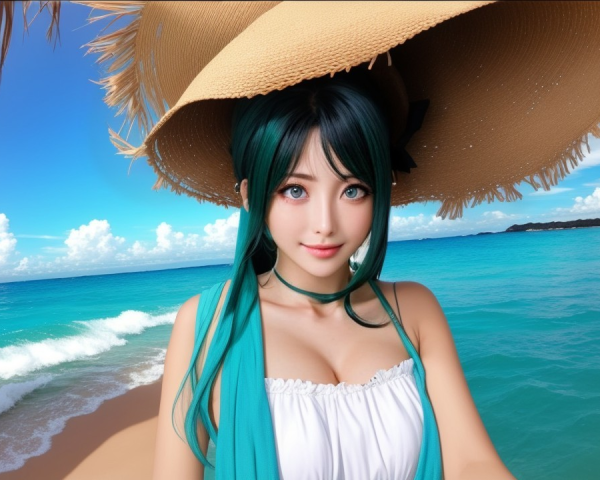 Vibrant Beach Scene with Character in Summer Outfit