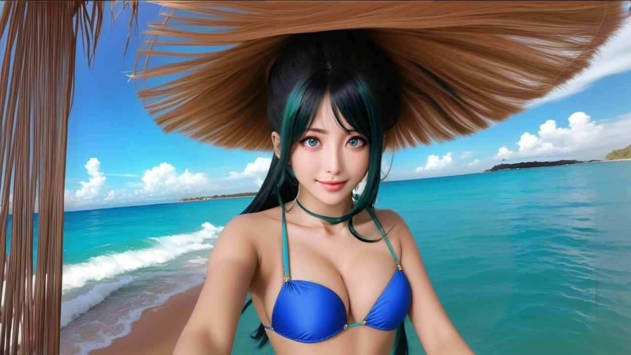 Young woman in blue bikini on sunny beach scene