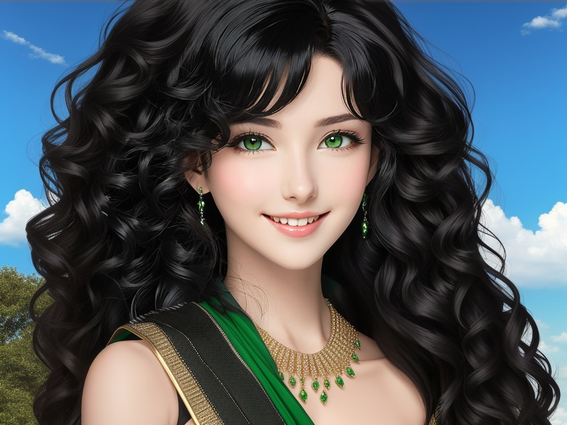 Young woman in traditional attire with green eyes